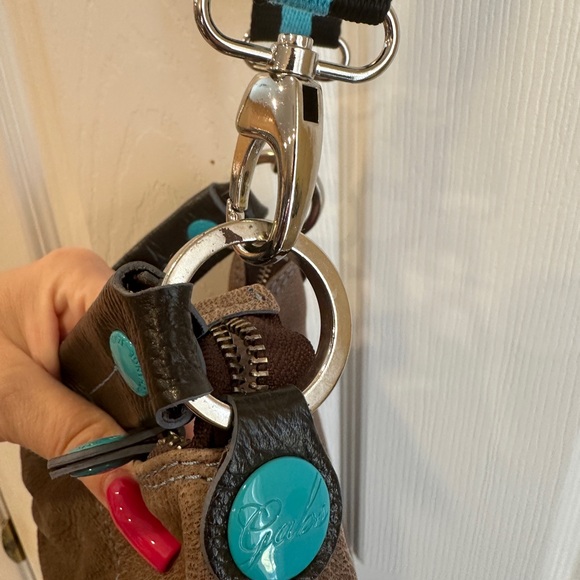 GABS Hobo Bag Crossbody EXPANDABLE Brown Distressed Leather Aqua Accents Italy - Picture 6 of 16